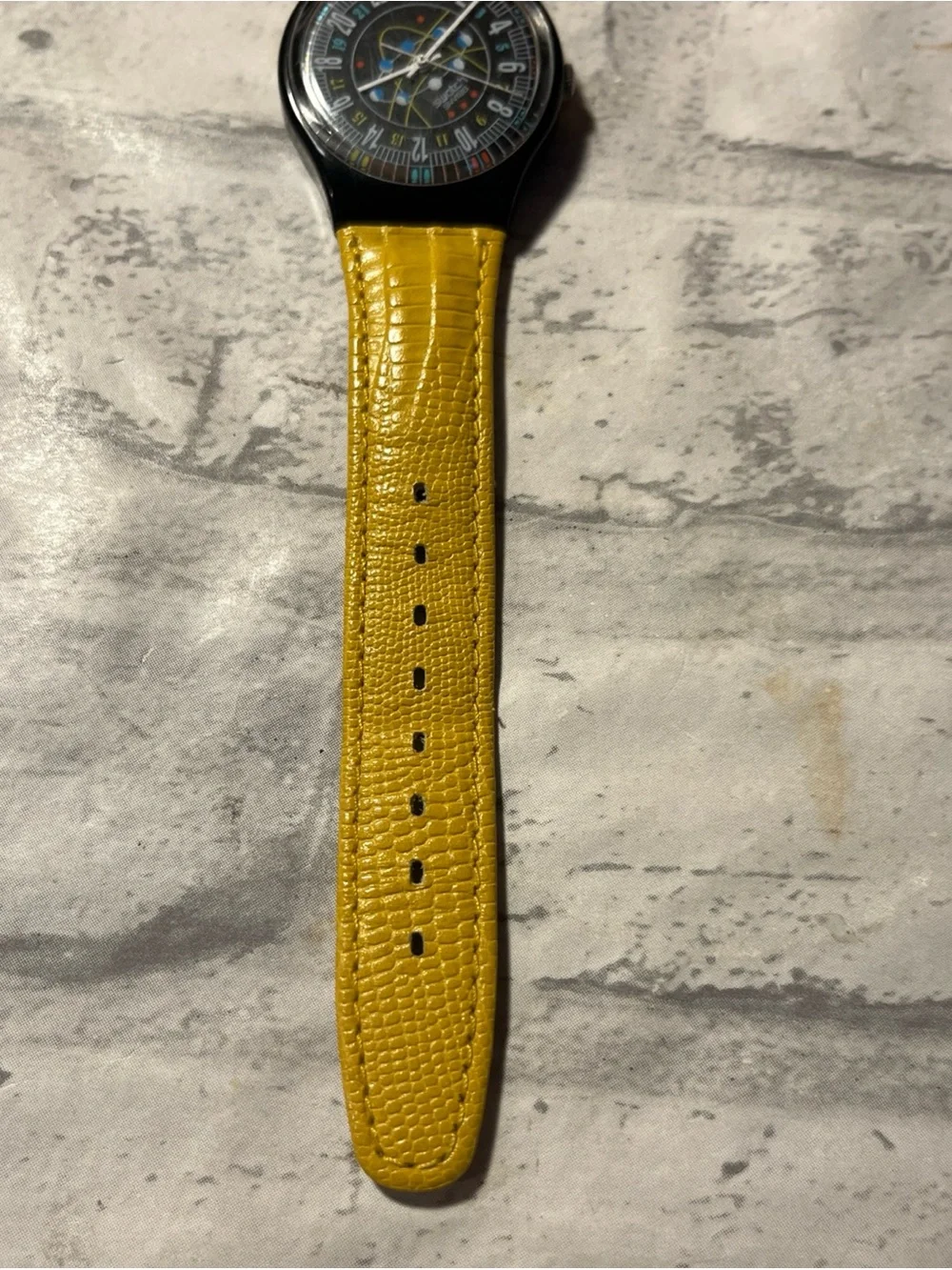 Vintage Swatch Yellow Strap Wristwatch with Black Case 24 hour clock